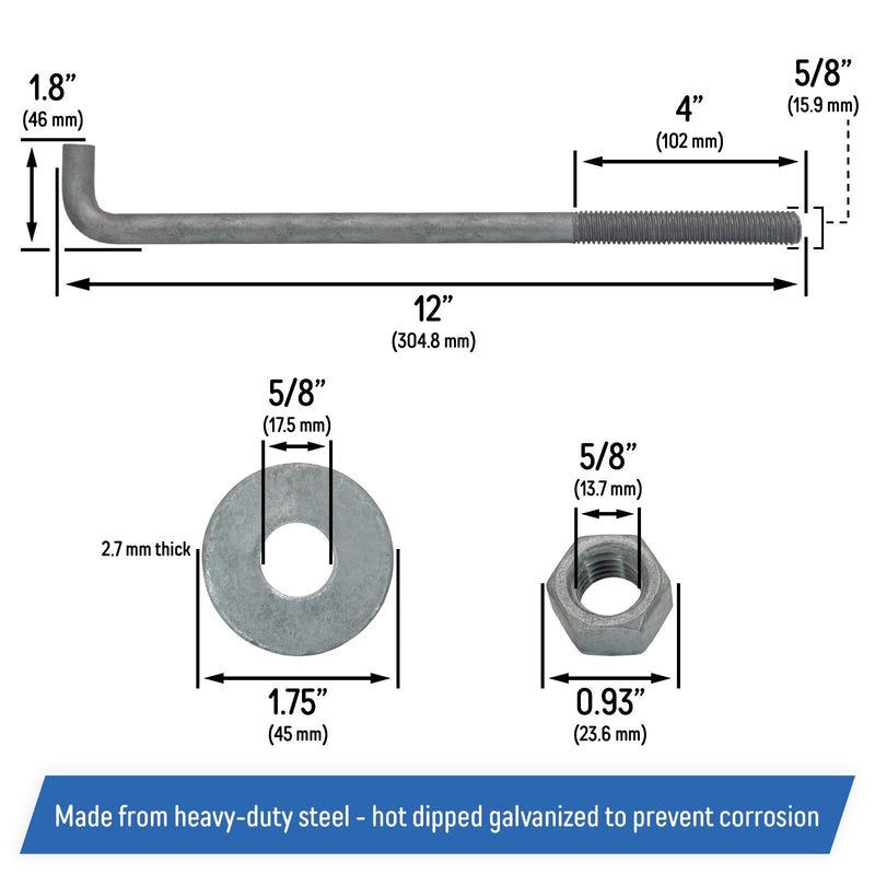 DURAFORCE 5 8 Inch 12 Inch Galvanized Threaded Anchor Bolts for Wood Concrete 10 Pack
