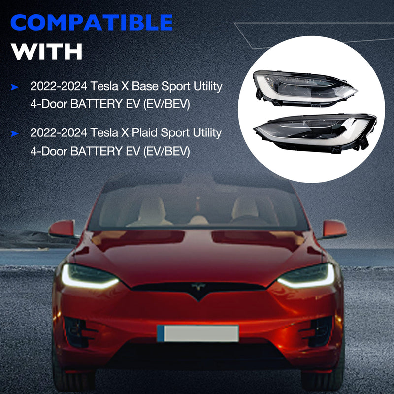 LED Headlight Assy Driver Passenger Side for 2022 2024 Tesla Model X Plaid 2x