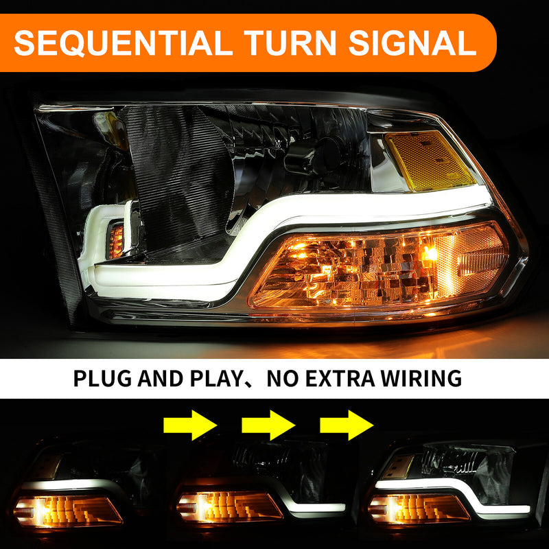 09 18 Dodge Ram 1500 2500 3500 Sequential Turn Signal Headlights with LED DRL