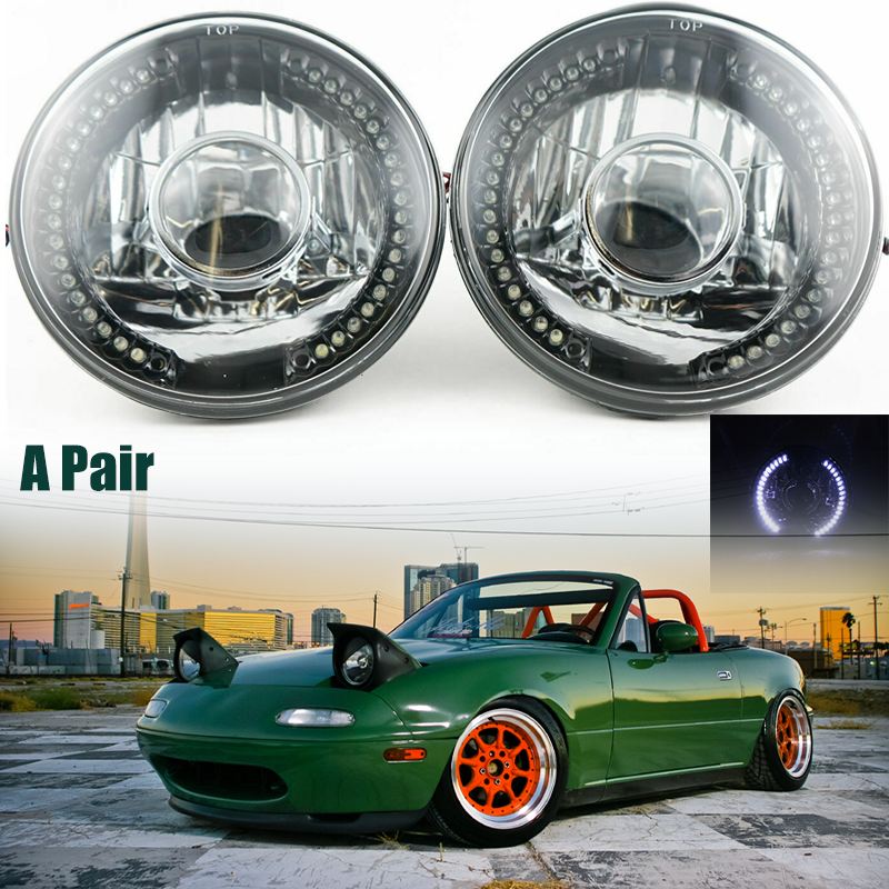 DURAFORCE 2Pcs 7" inch Round LED Headlights White Halo For Mazda Miata MX-5 MX5 1990-1997