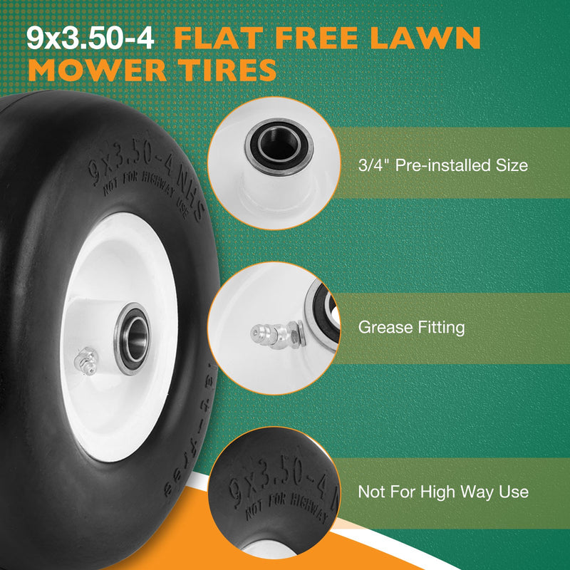9x3.50-4 Front Flat Free Tire Wheel Set w/ Bearings for Zero Turn Mower 2x