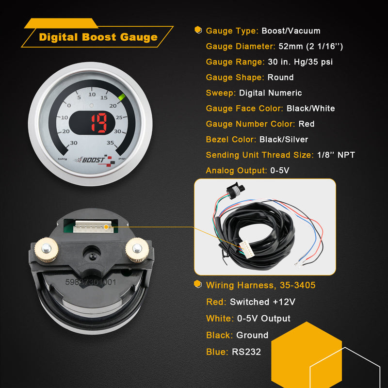 Digital Boost Pressure Gauge Kit for 30 4406 X Series 30inHg 35PSI 1BAR 2.5BAR