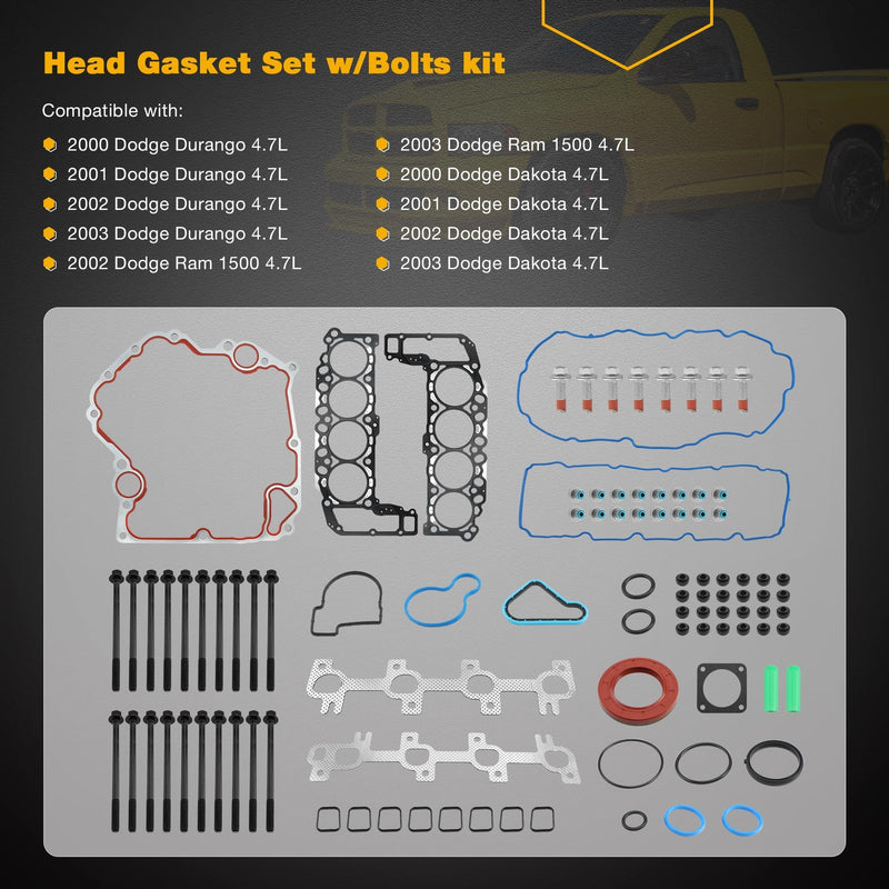 Head Gasket Set With Bolts For 99 To 03 Dodge Ram Durango Grand Cherokee 4.7L