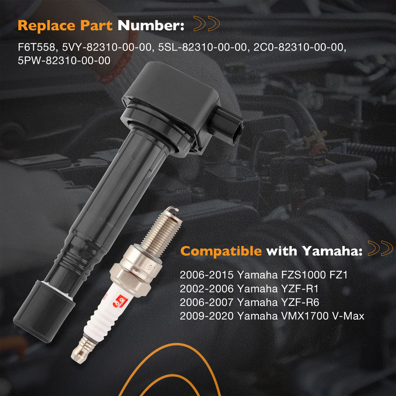 Ignition Coil and Spark Plugs for Yamaha FZS1 FZ1 YZFR1 YZF R6 R6S 4 Pack