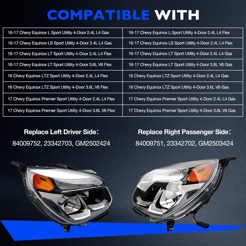 Halogen Chrome Headlight Lamp Assy for Chevy Equinox 2016 2017 Front Left Right