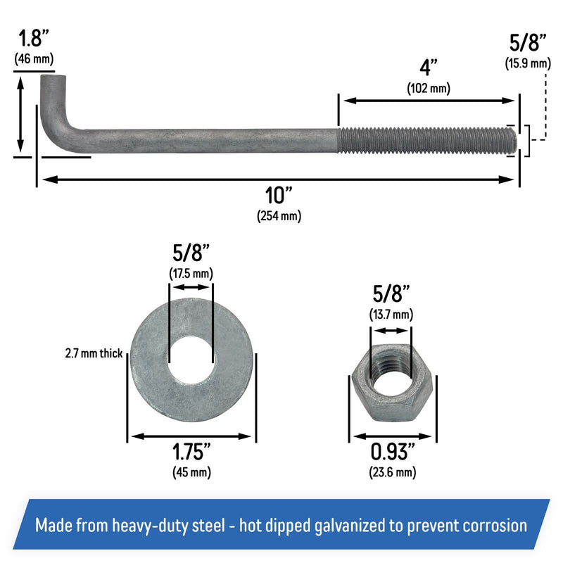 DURAFORCE 5 8 x 10 Inch Galvanized Threaded Anchor Bolts for Wood Concrete 10 Pack