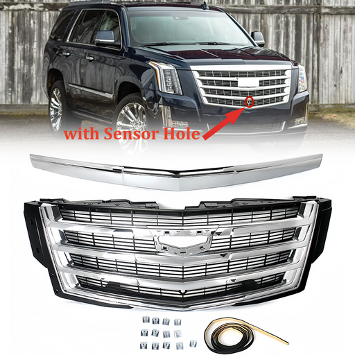 DURAFORCE For Cadillac Escalade 2015-2020 Hood Molding Trim+Front Grille w/Sensor Hole