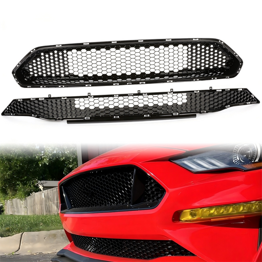 DURAFORCE Front Upper Grille and Lower Mesh Grill Honeycomb Black for 2018-2022 Ford Mustang