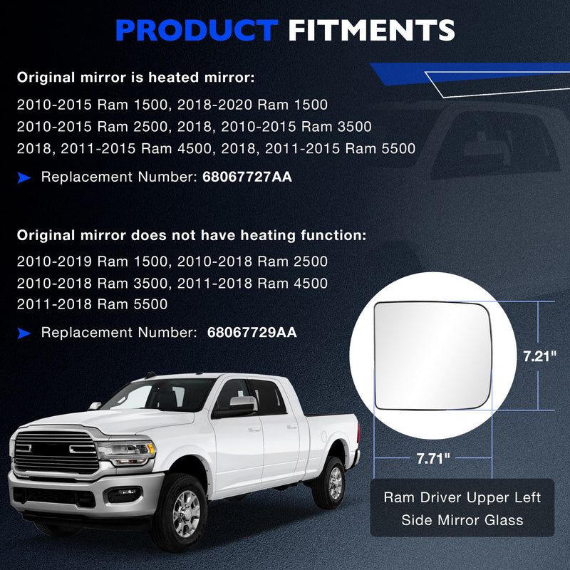 Upper Lower Tow Mirror Spotter Glass Driver Side For RAM 1500 2500 3500 10 20