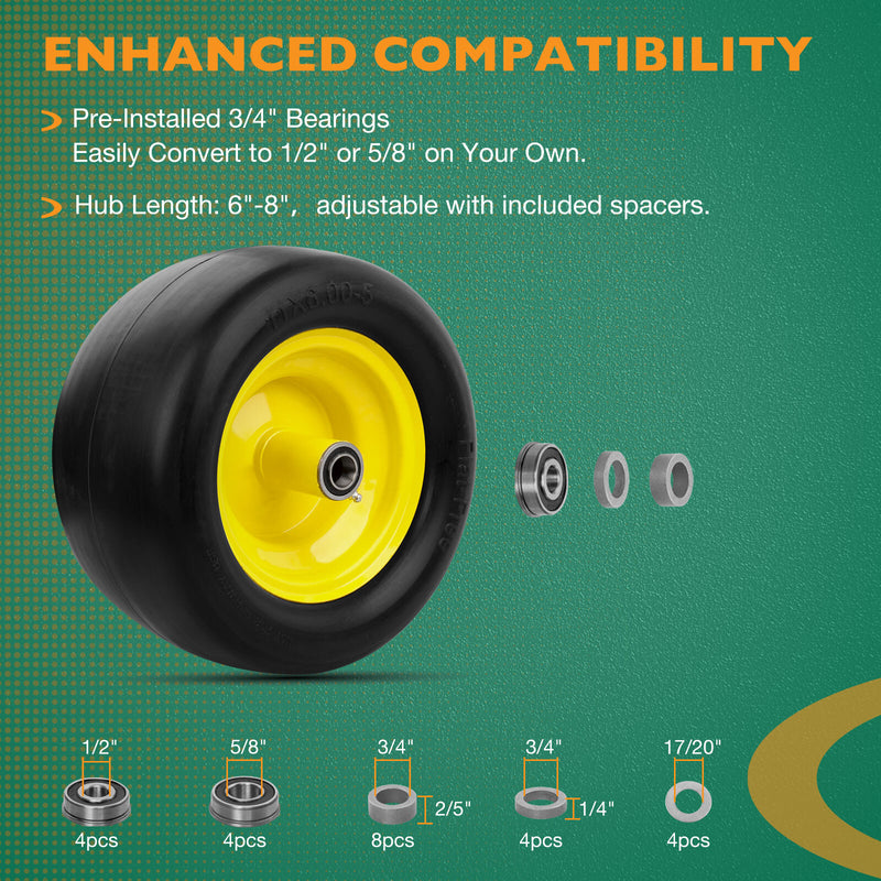 11x6.00-5 Front Flat Free Tire Wheel Set w/ Bearings for Zero Turn Mower 2x