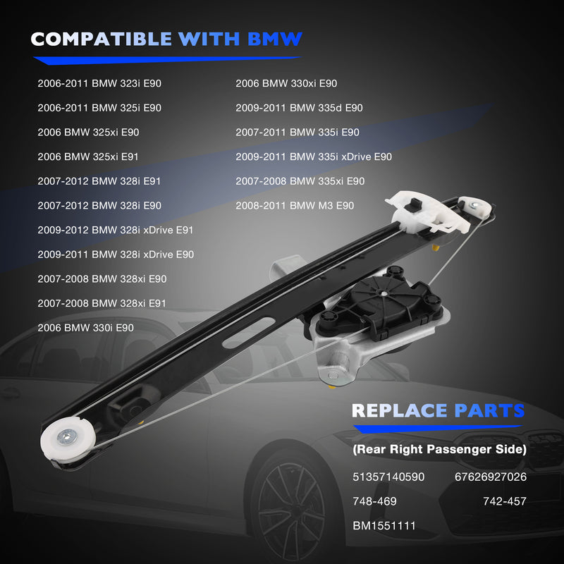 Window Regulator Motor Rear Right for BMW E90 E91 328i 335i 330i 335d M3 323i