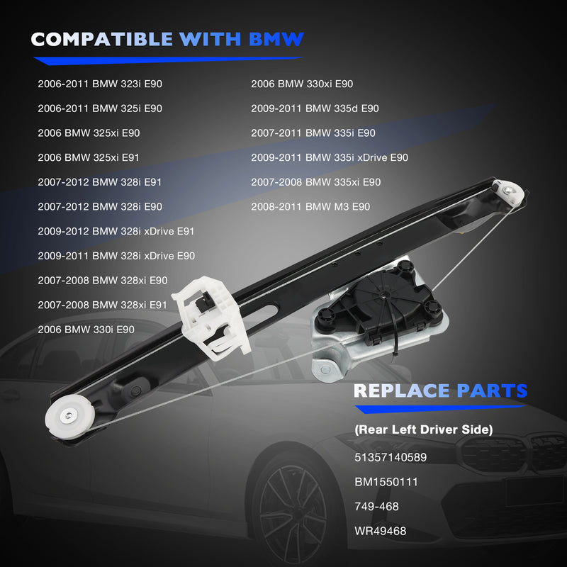 Power Window Regulator Rear Left for BMW E90 E91 328i 335i 330i 335d M3 323i
