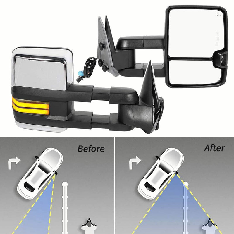Chrome Tow Mirror Power Heated Extend for Chevy Silverado Sierra Suburban 1500