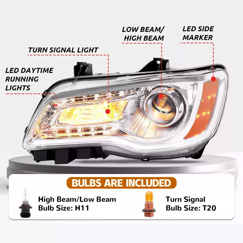 DURAFORCE Chrome Bezel LED DRL Headlight Headlamp Driver Side for Chrysler 300 2011-2023
