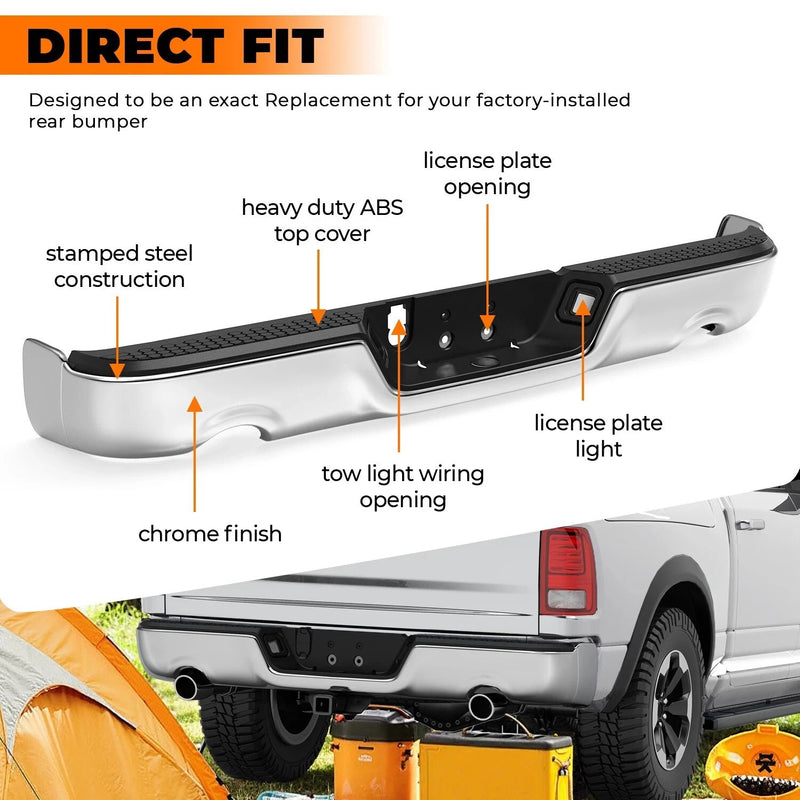 For 2009-2018 Dodge Ram 1500 Chrome Rear Step Bumper W/O Sensor W/ Dual Exhaust