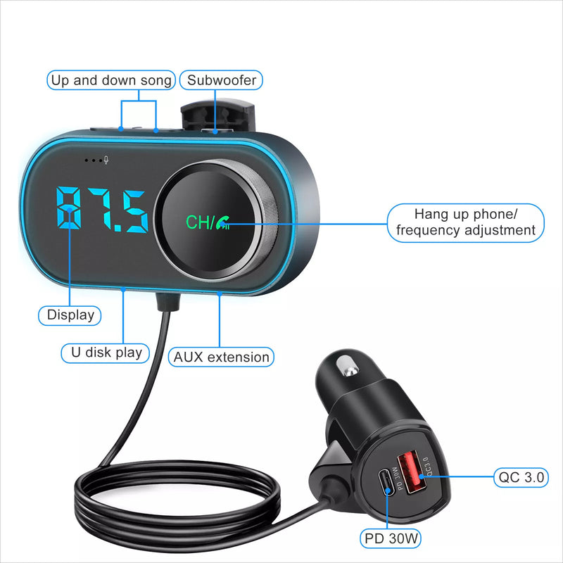 Car Bluetooth FM Transmitter LED Charger AUX Radio QC PD Adapter MP3 Player USB
