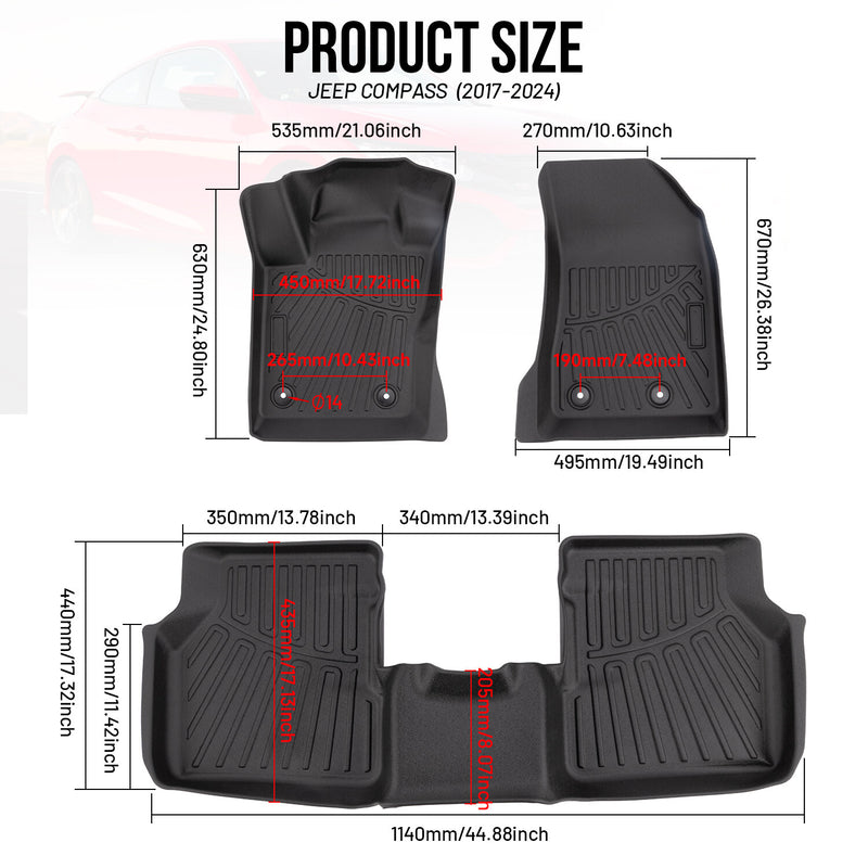 Floor Mats Front Rear for Jeep Compass 2017-2025 Waterproof TPE Rubber Black