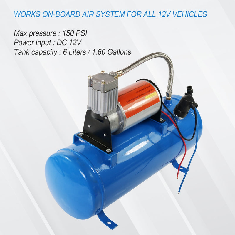 150PSI Air Compressor 6 Liter Tank DC 12V for Train Horns Motorhome Tires