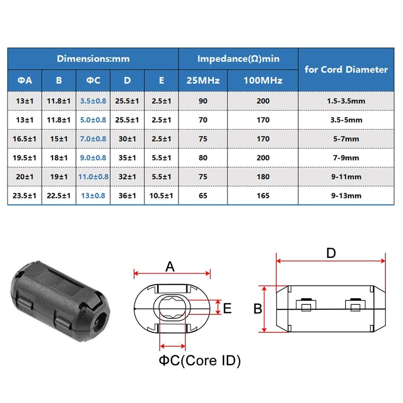 Ferrite Bead Clamp Choke Coil RFI EMI Noise Filter Cable Clip 10 PCs