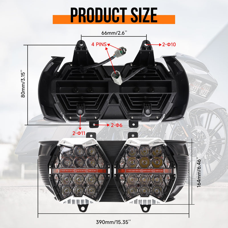 Dual LED Headlight for Harley Road Glide 2015-2024 High/Low Beam DRL Projector