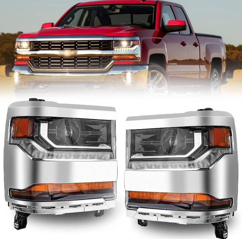 Pair Chrome Headlights for Chevy Silverado 1500 2016-2018 HID Xenon Headlamps 2