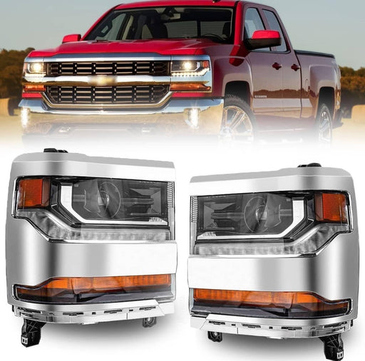 DURAFORCE Pair Chrome Headlights for Chevy Silverado 1500 2016-2018 HID Xenon Headlamps 2