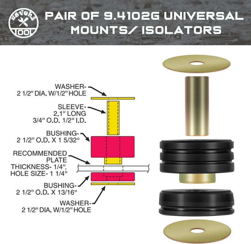 9.4102G Universal Polyurethane Body Mounts Bushings Isolators Black 10-Pack