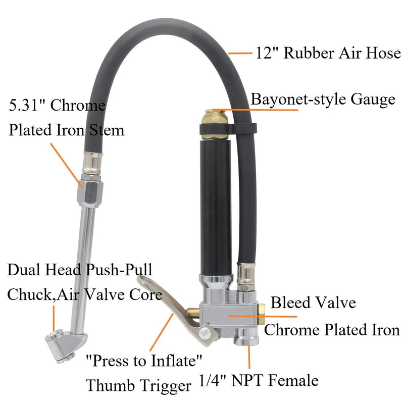 Air Tire Inflator with Pressure Gauge 10-120 PSI Dual Head Chuck for Car Truck