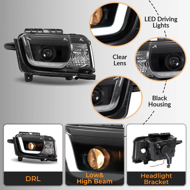 DURAFORCE LED Tube Projector Headlights Headlamp Black for Chevrolet Camaro 2010-2013 Pair