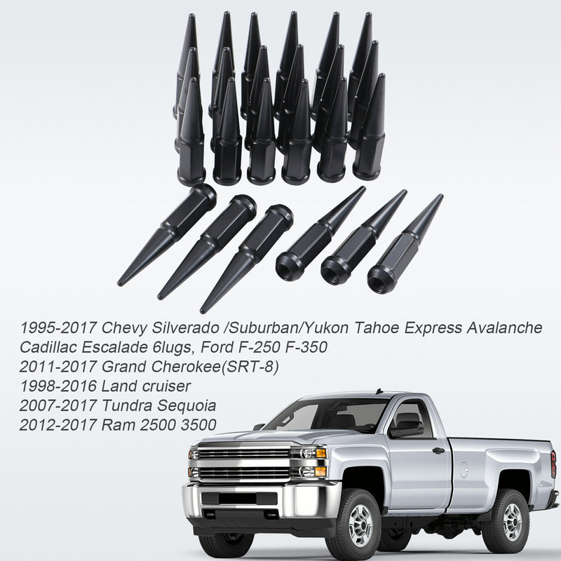 24PCS Spike Lug Nuts 14x1.5 Black for Chevy Silverado Tahoe 4.4" With Key