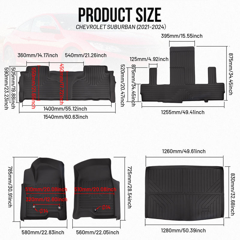 2nd Row Bucket Floor Mats Liner for Chevrolet Suburban GMC Yukon XL 2021-2025