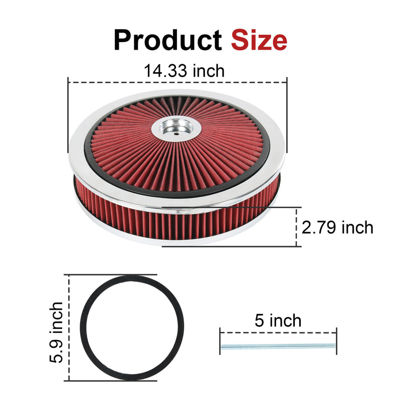 14" X 3" Round Red High Flow Washable Air Cleaner for SBC BBC Thru