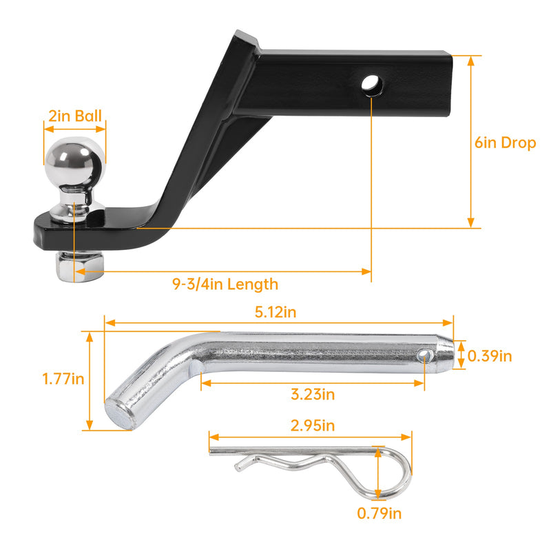Trailer Hitch Ball Mount With 2" Ball And Pin Fits 2" Receiver 7500 Lbs 6" Drop