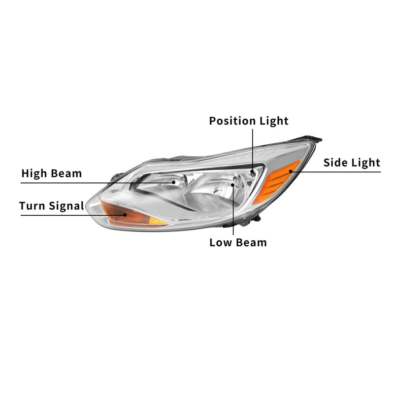 DURAFORCE Clear Lens Halogen Left Driver Side Headlight for Ford Focus 2012-2014 W/Bulb