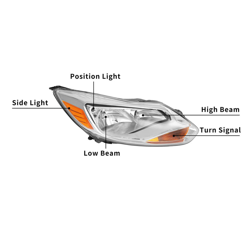DURAFORCE Chrome Headlight Headlamp Replacement Passenger Side for Ford Focus 2012 13 14