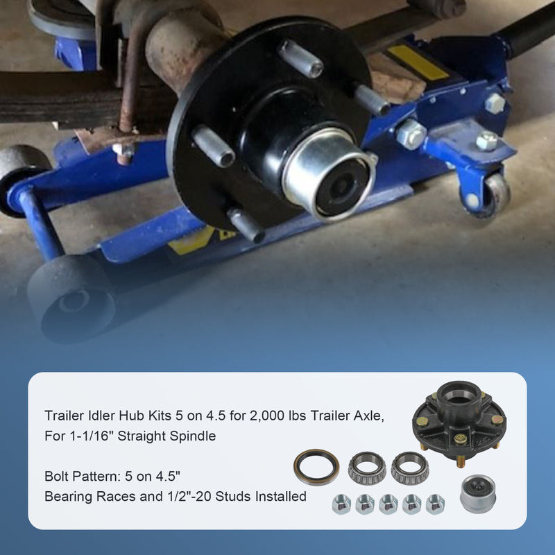 2 Pack Trailer Idler Hub Kits 5 on 4.5 5 Lugs 2000 lbs Axle 1-1/16 Bearings