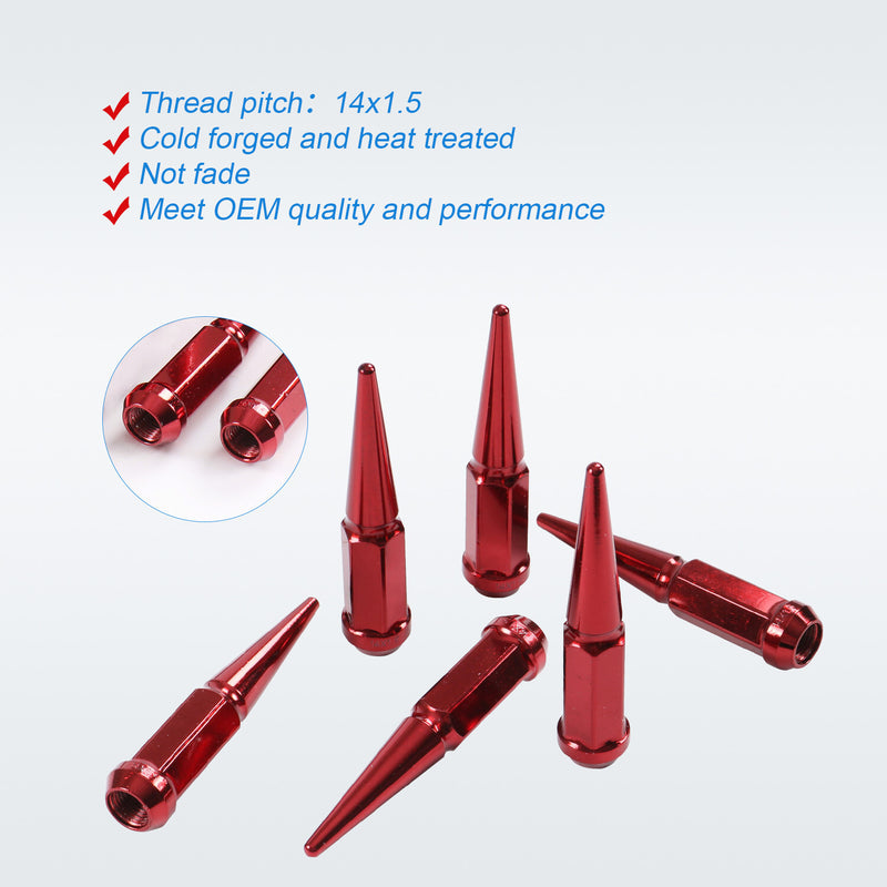 24 PCS Spike Lug Nuts 14x1.5 Red for Chevy Silverado Tahoe 4.4" Tall With Key