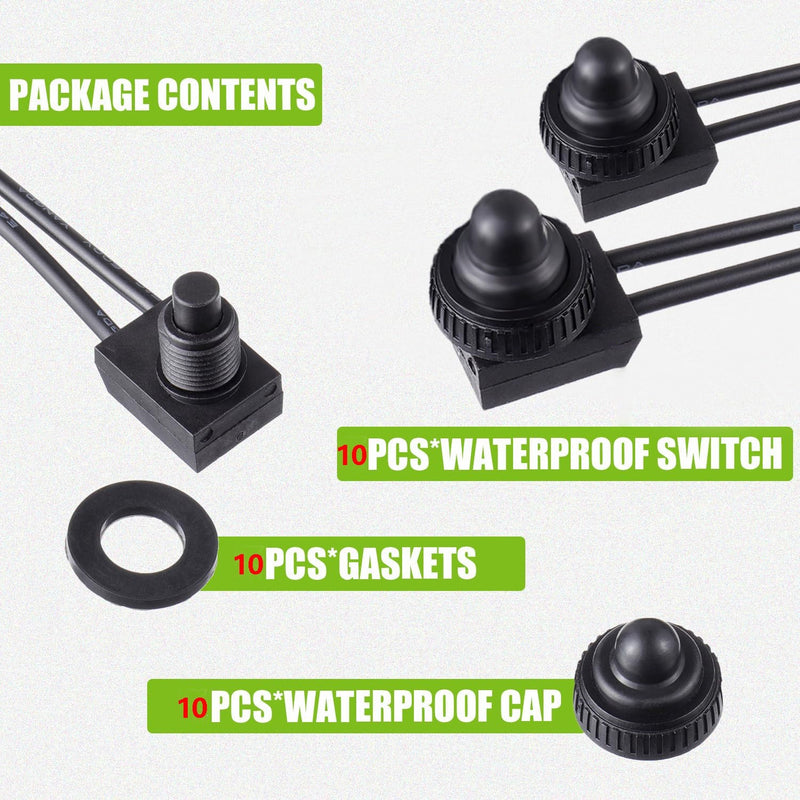 10pcs 12V-48V Wire Leads Waterproof On-Off Push Button Switch for Motorcycle Car