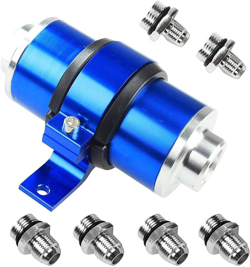 Blue 30 Micron Billet Aluminum Inline Fuel Petrol Filter Bracket AN6 AN8 AN10