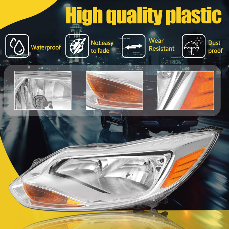 DURAFORCE Clear Lens Halogen Left Driver Side Headlight for Ford Focus 2012-2014 W/Bulb