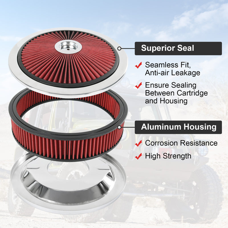 14" X 3" Round Red High Flow Washable Air Cleaner for SBC BBC Thru