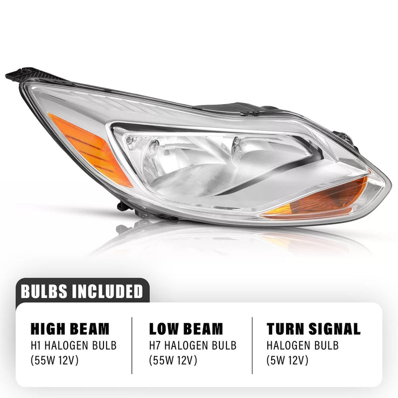 DURAFORCE Chrome Headlight Headlamp Replacement Passenger Side for Ford Focus 2012 13 14