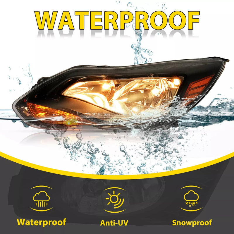 DURAFORCE Black Left Driver Side Headlights Clear Lens Halogen for Ford Focus 2012-2014