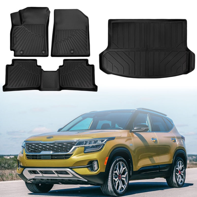 Front Floor Mats + Rear Trunk Mat Cargo Liner TPE for Kia Seltos 2021-2024 4Pcs