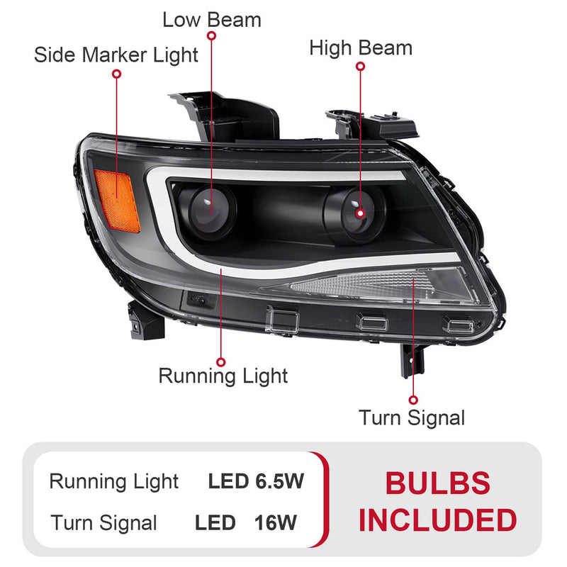 DURAFORCE Black LED DRL Dual Square Projector Headlights for Chevy Colorado 2015-2022