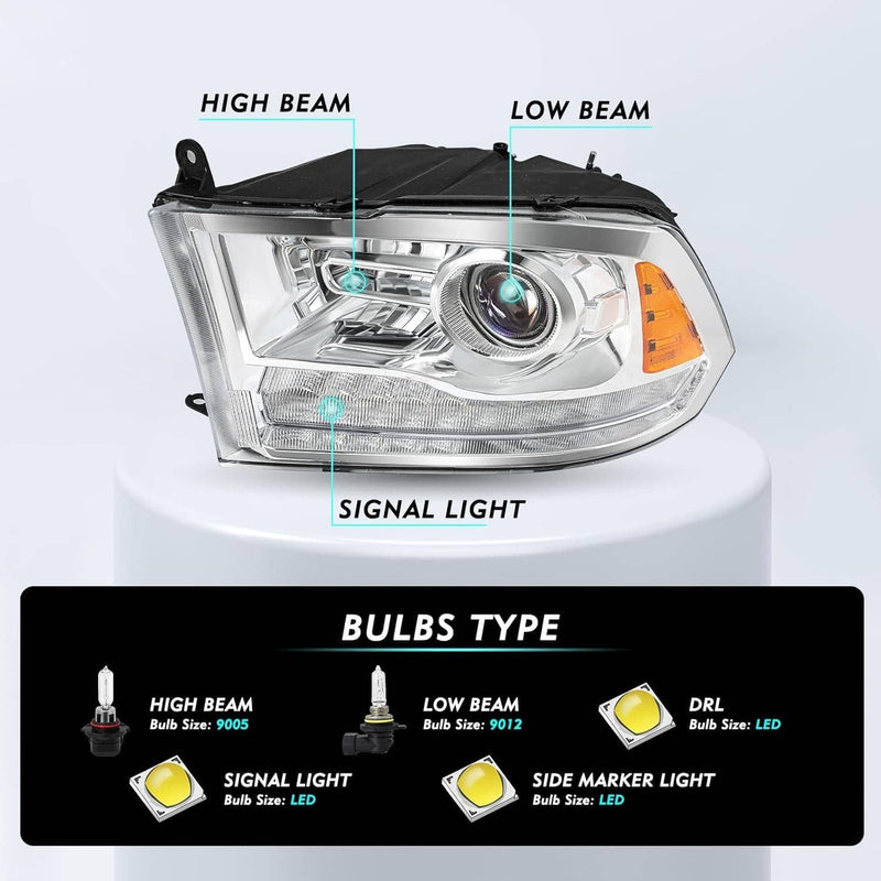 LED Projector Chrome Headlights for 2009-2018 Dodge Ram 1500 2500 3500 Pickup