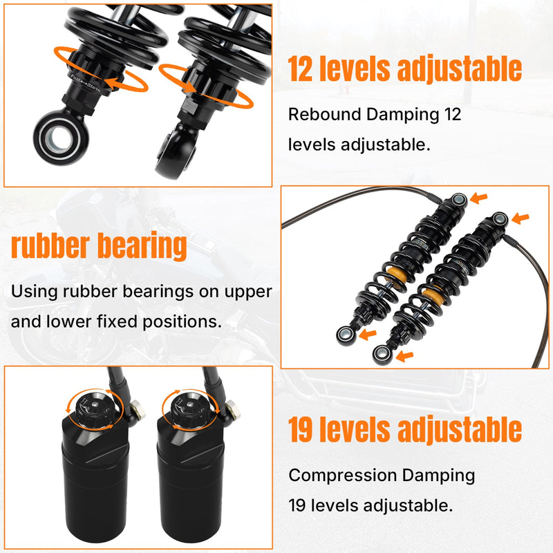 Upgraded 13" Remote Reservoir Rear Suspensions Shocks for Harley Touring
