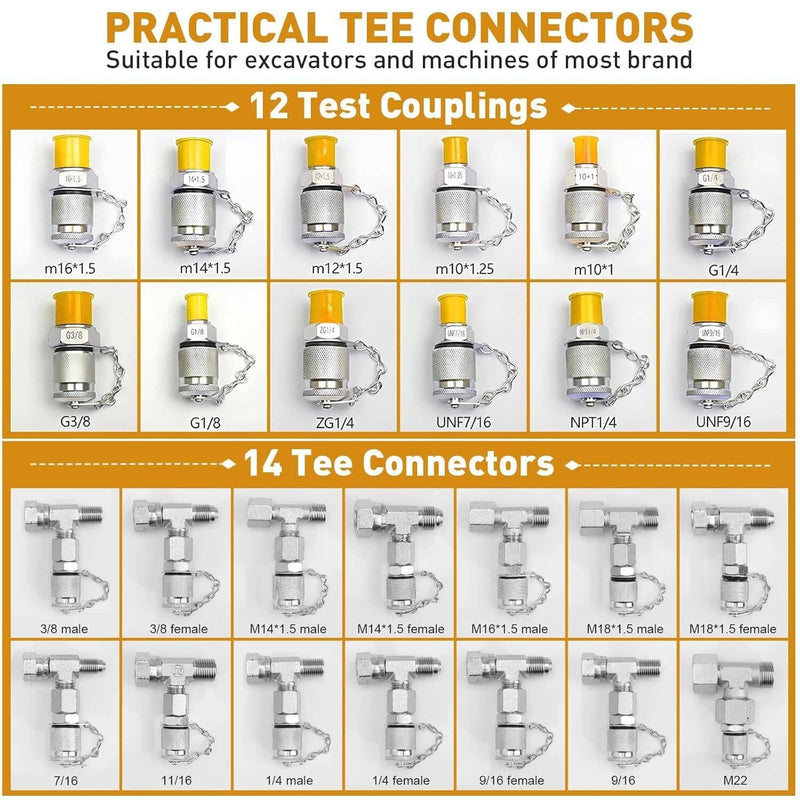Hydraulic Pressure Test Kit 5 Gauges 13 Couplings 14 Connectors 5 Hoses 14 Tee