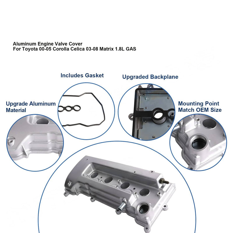 1120122060 Aluminum Valve Cover with Gasket for 2000-2008 Toyota 1.8L Gas Silver