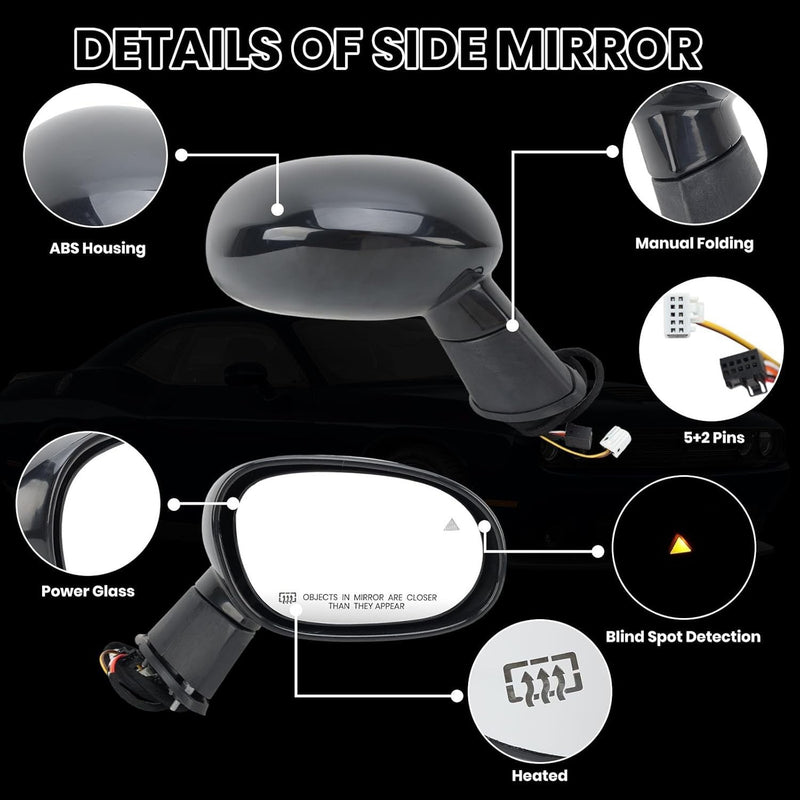 Passenger Side Mirror w/ Heated Hand for Dodge Challenger 5LD66DX8AD 2015-2019
